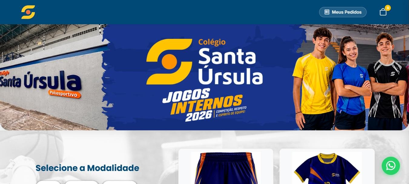 Página inicial da loja do Colégio Santa Úrsula, com a marca da escola e o banner dos Jogos Internos
