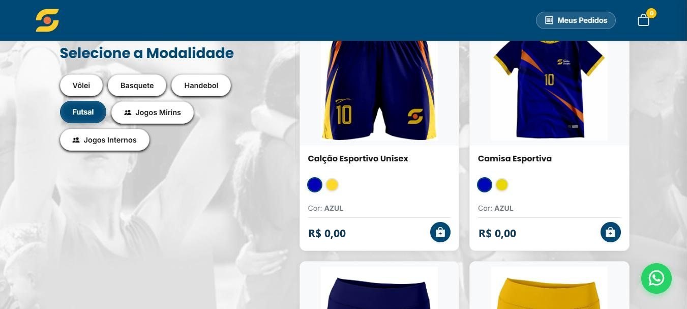 Loja com a modalidade Futsal selecionada e os uniformes disponíveis, com cor e preço
