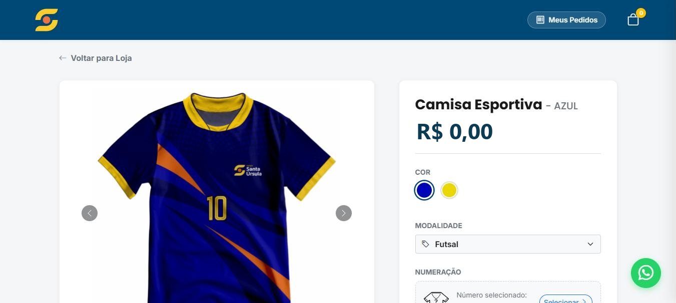 Página de uma camisa esportiva, com escolha de cor, modalidade e numeração